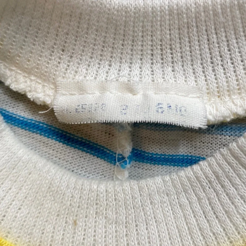 Vintage Striped Duck Embroidered Knit Romper Blue Yellow White Size 6-9M